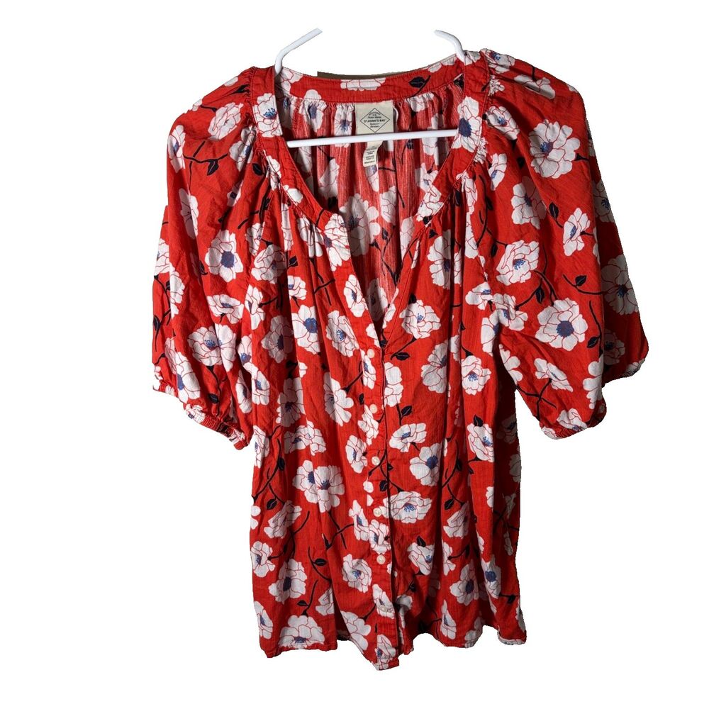 St John's Bay Shirt Women's XL Red V-Neck Puff Sleeve Boho Top Shirt Casual